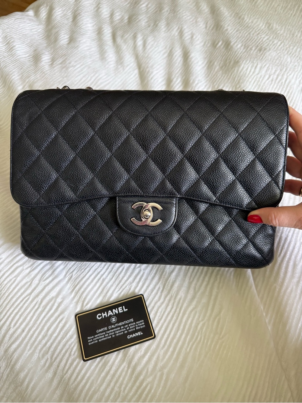 CHANEL Black Caviar Quilted Classic Flap Silver Hardware Jumbo
